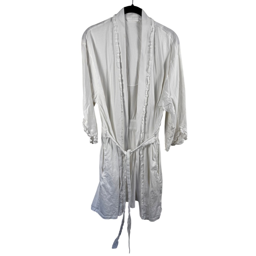 Eileen West Robe Womens L XL White Ruffle Trim Belted Cotton Loungewear
